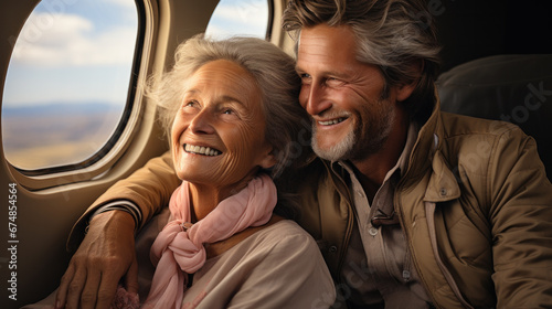 Elderly couple in business jet cabine. © PaulShlykov