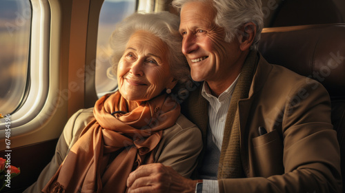 Elderly couple in business jet cabine.
