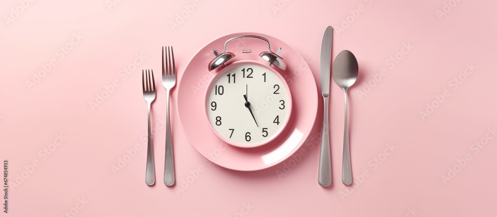 Top view alarm clock on white plate with knife and fork on blue background. Intermittent fasting, Ketogenic dieting, weight loss, meal plan and healthy food concept - obrazy, fototapety, plakaty 