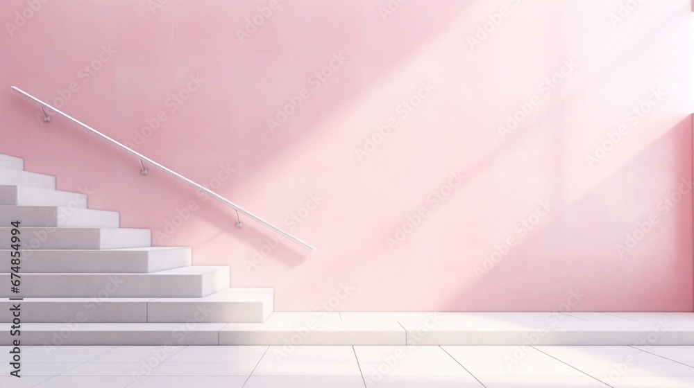 Obraz premium Mockup empty white blank copy space in soft color walls. Goingb upwards and stairs’ lateral walls in various locations: houses, offices, or exteriors. Concept of the way to success. 3D rendering