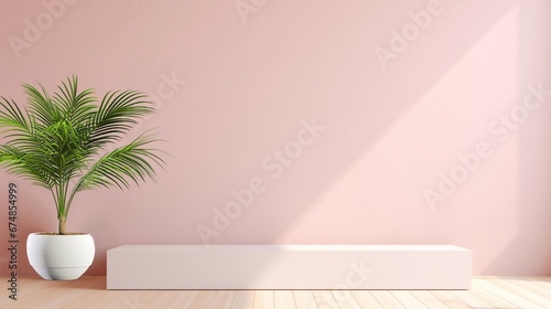 Empty soft interior with palm leaves plant. Modern 3d living room  office or gallery with shadows and sunlight from the window on the wall. Realistic illustration wall mockup design for background