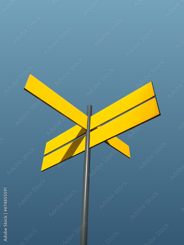 Yellow street sign or direction sign isolated on sky background. Template or mockup Yellow street sign or direction sign isolated on sky background. Template or mockup