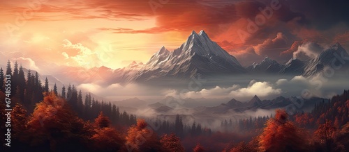 The abstract business background showcased a stunning winter landscape with the mountain towering over the tranquil forest adorned with autumn trees while the captivating sunset cast a warm