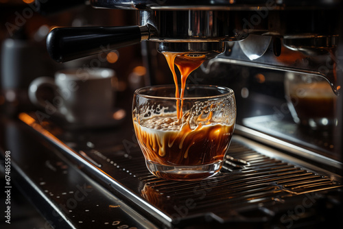A sleek espresso machine crafting the perfect brew, filling a glass with delicious coffee. Ai generated