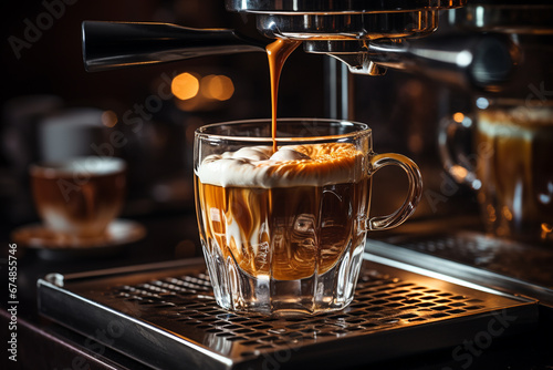 A sleek espresso machine crafting the perfect brew, filling a glass with delicious coffee. Ai generated