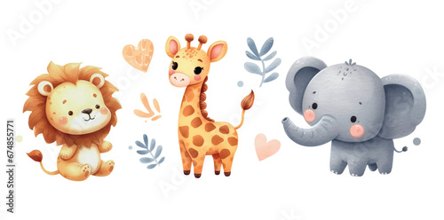 Cute cartoon baby animals: Lion, Giraffe and Elephant. Isolated on a white background. Watercolor drawing