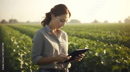 A female farmer in the middle of a soybean field with a tablet.