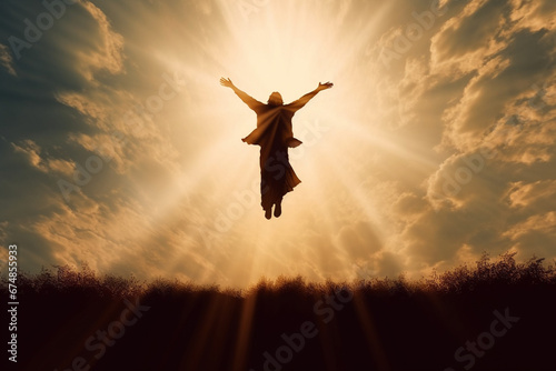 A profound representation of Jesus ascending to heaven, symbolizing the resurrection and divine transformation. Ai generated
