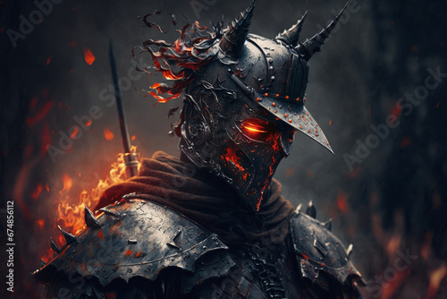 A captivating digital artwork depicting a fearsome knight in a full body armor with fire. Ai generated