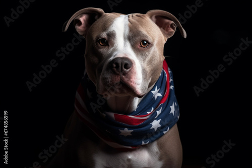 A patriotic pitbull proudly wears an American flag scarf in this heartwarming portrait. Ai generated