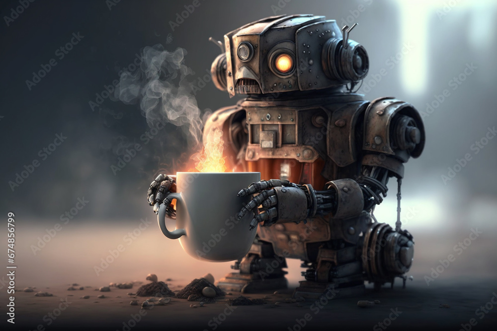 Funny illustration featuring a robot enjoying a steaming cup of coffee or tea. Ai generated Funny illustration featuring a robot enjoying a steaming cup of coffee or tea. Ai generated
