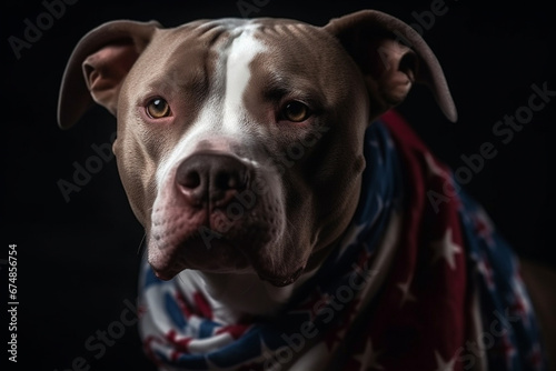 A patriotic pitbull proudly wears an American flag scarf in this heartwarming portrait. Ai generated