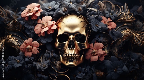 Red roses and golden skull wallpaper