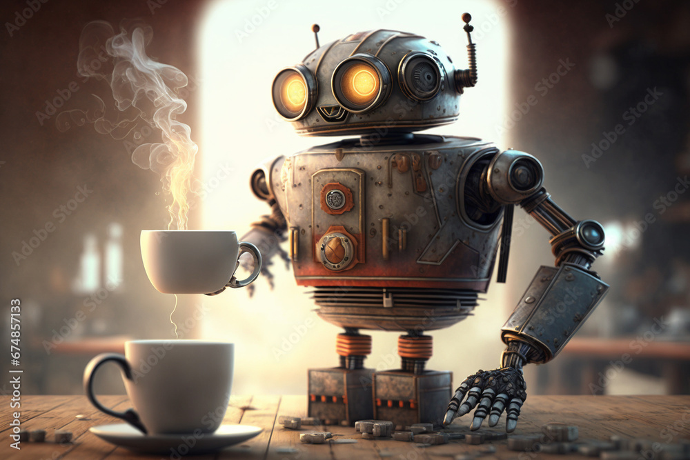 Funny illustration featuring a robot enjoying a steaming cup of coffee or tea. Ai generated Funny illustration featuring a robot enjoying a steaming cup of coffee or tea. Ai generated
