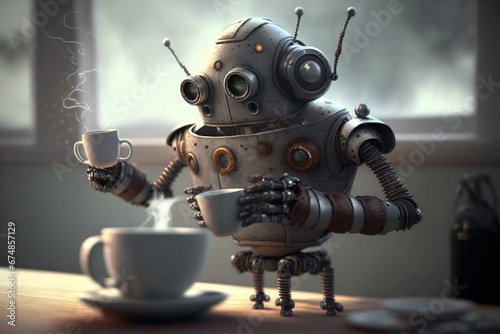 Funny illustration featuring a robot enjoying a steaming cup of coffee or tea. Ai generated