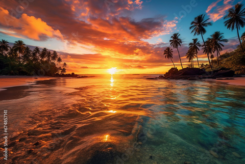 Experience the breathtaking beauty of a tropical island sunrise or sunset, casting a warm glow over palm tree shore. Ai generated © dragomirescu