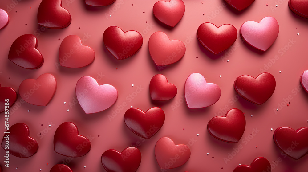 Illustration of several hearts form a constellation of emotions on a red surface. Image with red hearts in romantic scene and copy space in visual composition.