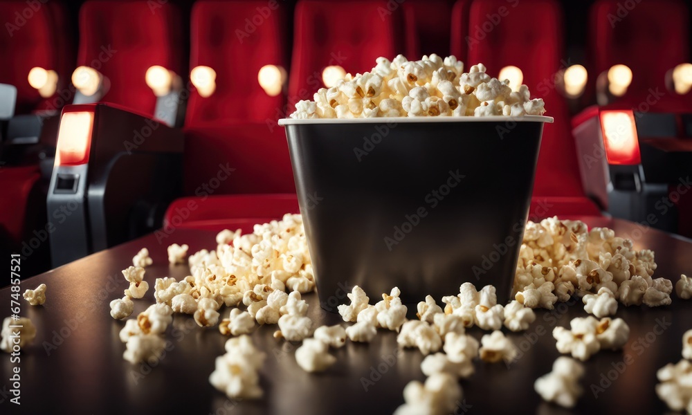 Popcorn box in neon lights. Movie theatre popcorn background. Entertainment concept. Cinema trendy. Movie snack. Salted popcorn in bucket. Fast food.