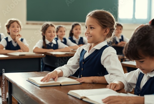 Smiling smart girl elementary school student rising hand to answer teacher question sitting at desk on lesson in classroom. She smiling looking at camera. Education process in class, primary school.