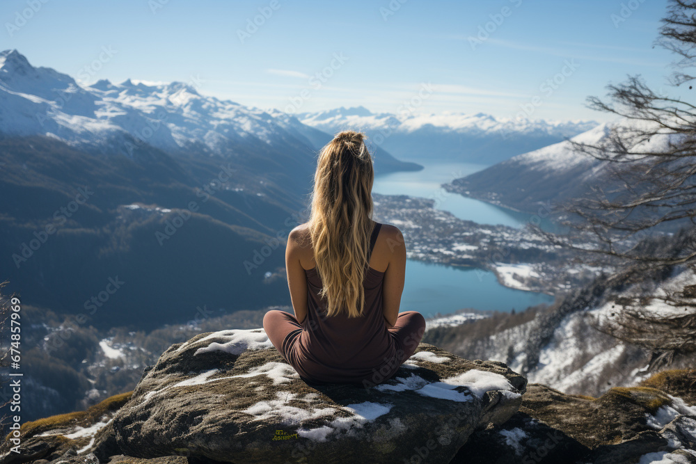 Find serenity as you witness a beautiful woman meditating in a yoga pose on top of a majestic mountain. Ai generated
