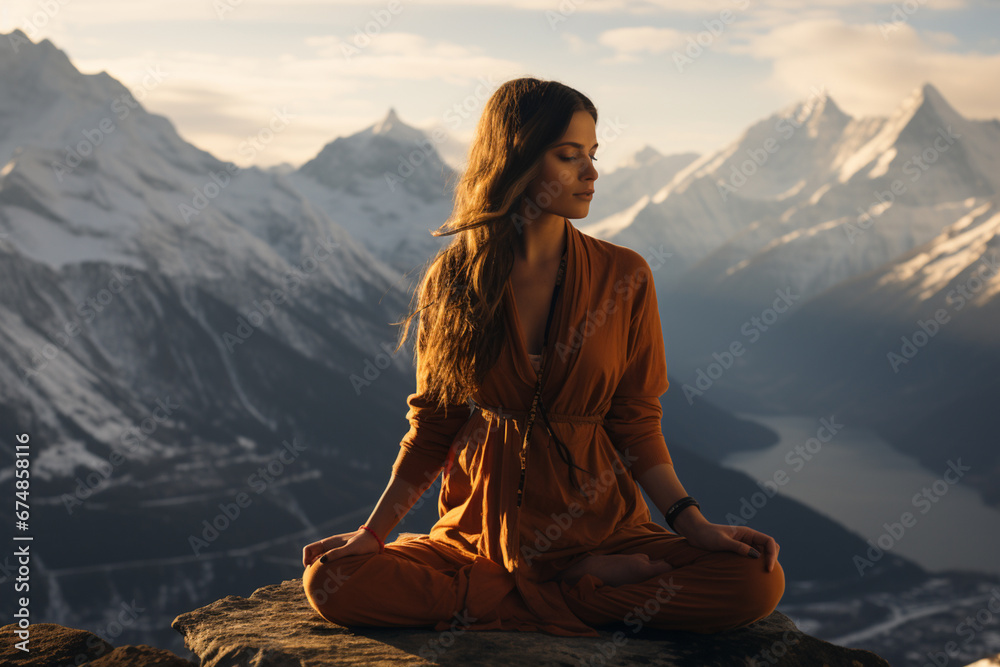 Find serenity as you witness a beautiful woman meditating in a yoga pose on top of a majestic mountain. Ai generated