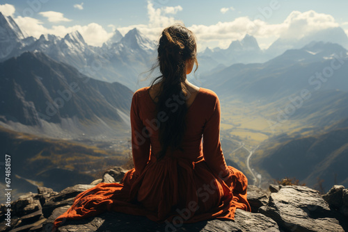 Find serenity as you witness a beautiful woman meditating in a yoga pose on top of a majestic mountain. Ai generated photo