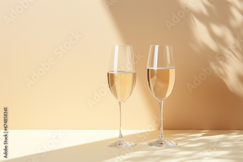 two champagne glasses standing on top of a table