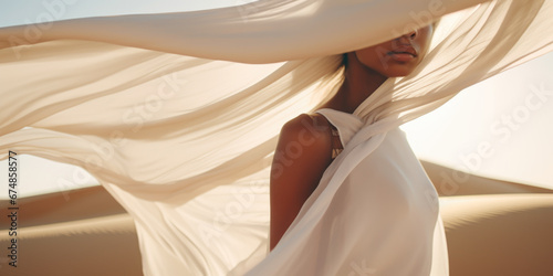 Woman in a long white dress walking in the desert with flowing fabric in the wind