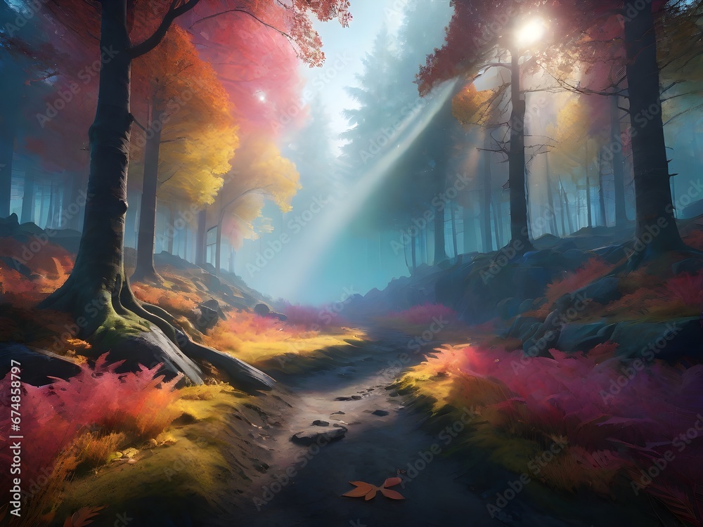 Fototapeta premium Landscape in a fabulous forest, rainbow spectrum of colorful autumn trees in unusual neon lighting, fog background autumn fantasy. Generative AI