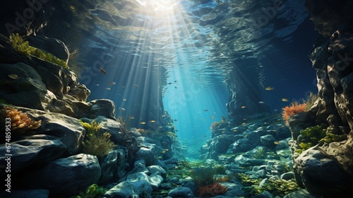 Deep ocean full of life. Underwater coral reef with fish and rays of sun through water surface