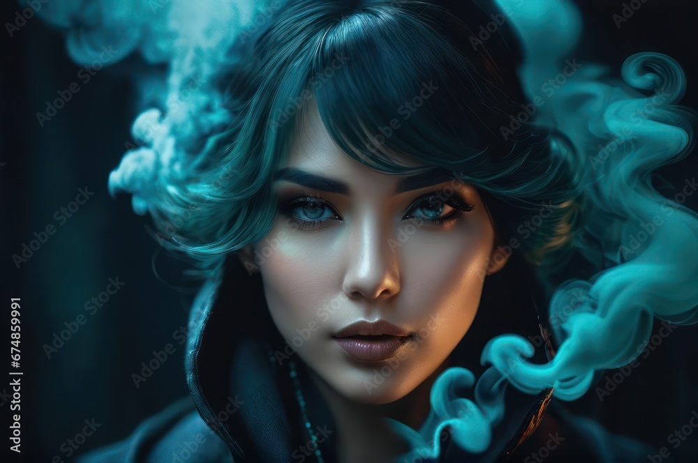 A close up of a stylish woman with dark hair and teal smoke cloud, sensual expressive lips, beautiful witch with long hair, teal tint. Fashion scent, fresh odour