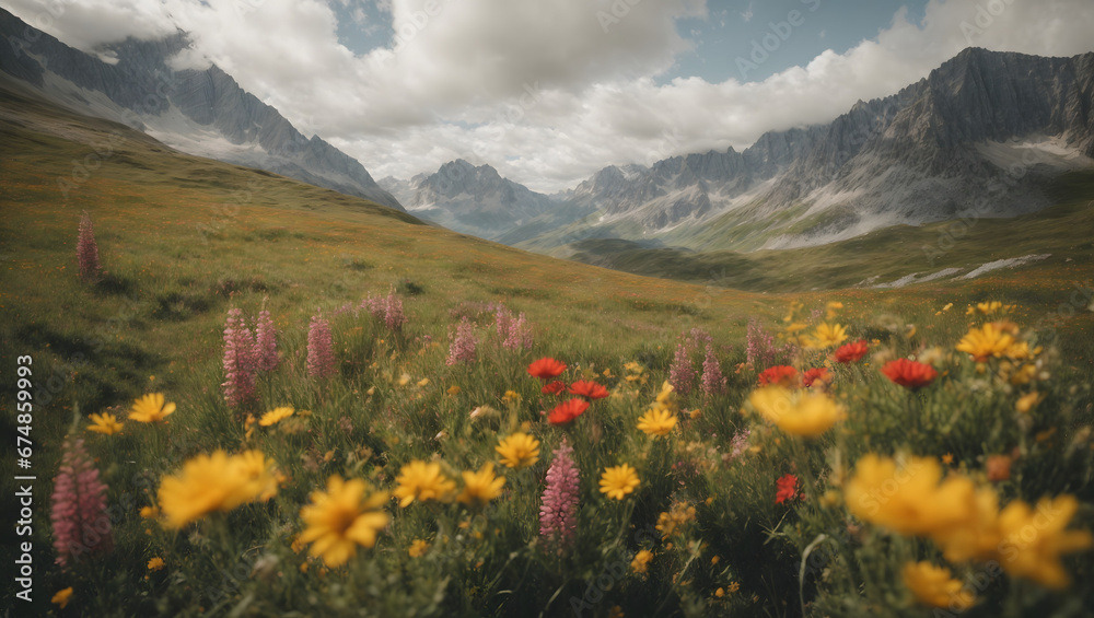 An alpine meadow covered in a variety of alpine wildflowers, each one uniquely adapted to the high-altitude environment. - obrazy, fototapety, plakaty 