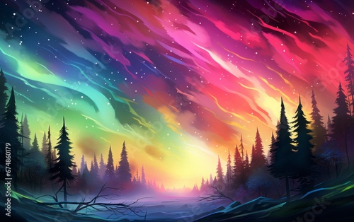 A surreal sky scene where traditional aurora borealis colors are replaced with a spectrum of neon hues
