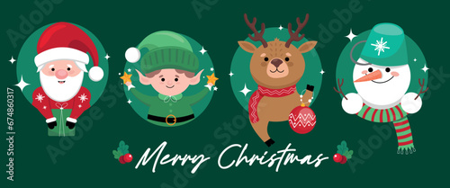 Santa, elf, deer and snowman on green background. Merry Christmas