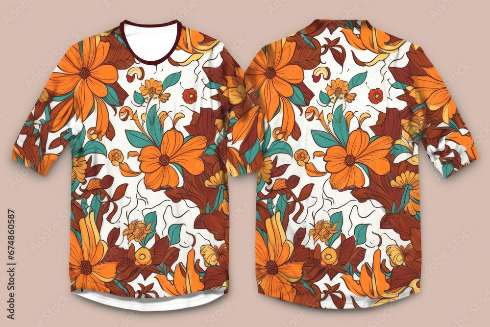 Stylish t-shirt with a vibrant floral pattern in shades of orange, brown, and green, displayed in front and back views. Stylish t-shirt with a vibrant floral pattern in shades of orange, brown, and green, displayed in front and back views.