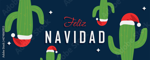 Greeting card with Christmas cacti and text FELIZ NAVIDAD on dark background