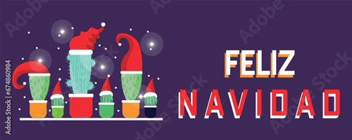 Greeting card with Christmas cacti and text FELIZ NAVIDAD on dark background