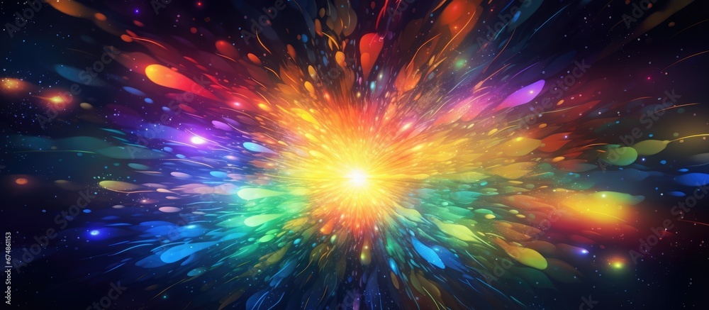 The background of the graphic design was an abstract explosion of colorful lights stars and glitter creating a beautiful and vibrant universe The material used to create this artwork captur The background of the graphic design was an abstract explosion of colorful lights stars and glitter creating a beautiful and vibrant universe The material used to create this artwork captur