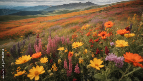A mountain meadow covered in a carpet of colorful wildflowers, each species adding to the tapestry of colors.