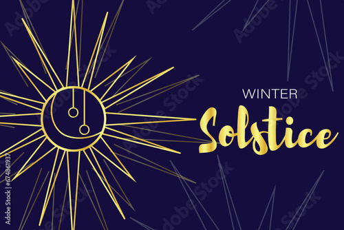 Text WINTER SOLSTICE and drawn sun on blue background