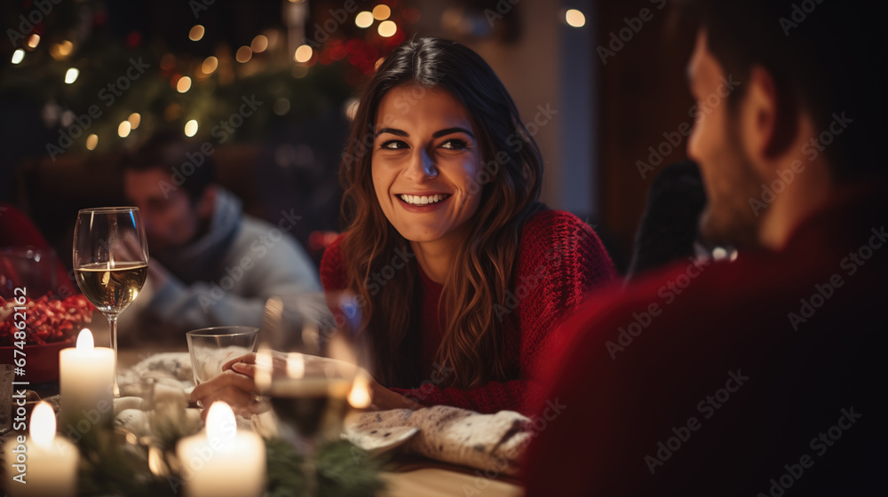 Christmas time, Couple sharing a laugh in a festive candlelit setting.