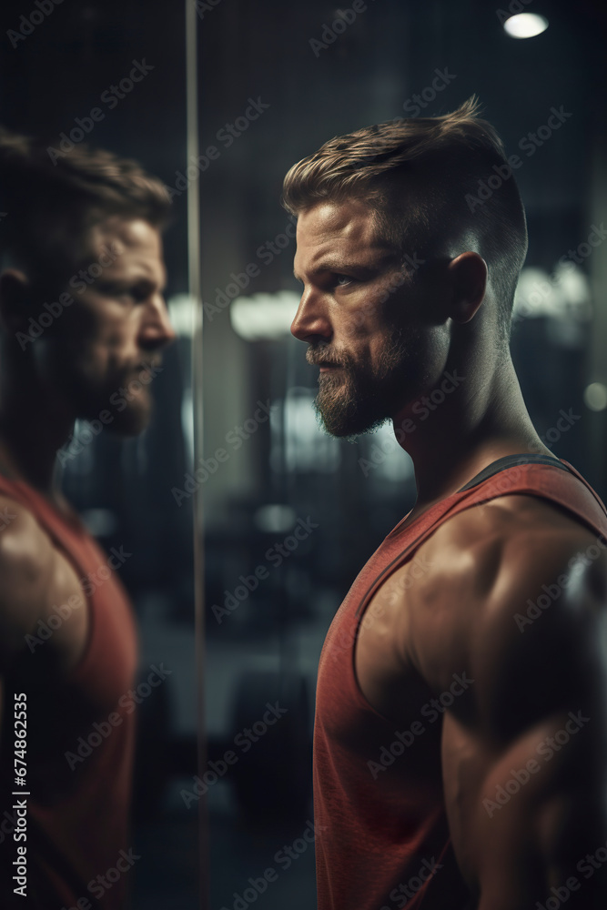 A man at the gym looking at his body in a mirror. Muscular and fit man admiring his forms in a mirror at the gym at night.