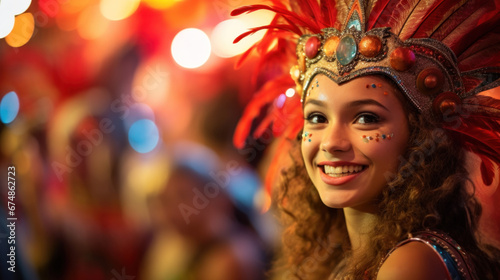 Joyful woman in vibrant carnival costume with feathers. Radiant smile of a woman in a feathered carnival headdress. Caribbean Carnival adn Happiness in the street.Carnival queen in sparkling attire wi