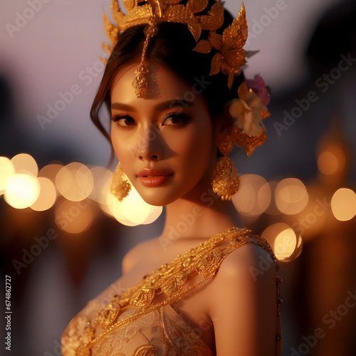 Thailand woman in national uniform, wears golden accessories