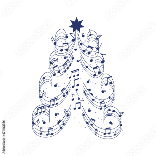 Christmas tree made of music notes on white background