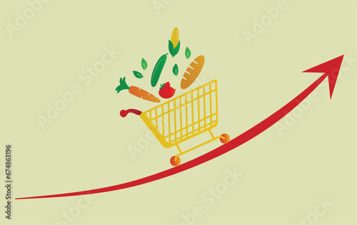 Shopping cart with grocery products and arrow on yellow background. Concept of rising prices