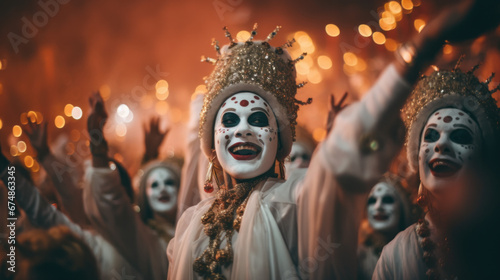 Joyful masquerade parade with festive white clown makeup under golden lights. Scary mask in a joyful smiling parade © PAOLO