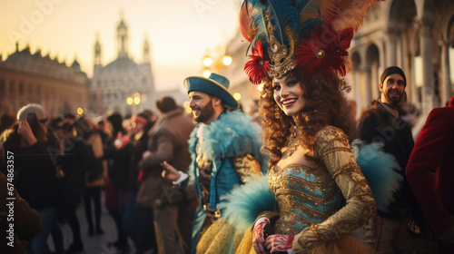 Carnival celebration in Venice with masked participants in traditional costumes. Happy Carnival masquerade party in VEnice photo