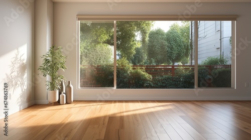 Empty house interior with new hardwood floor. Spacious empty living room with exit to backyard area and kitchen area © ANIS