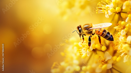 bee foraging on a flower with a bokeh background photo